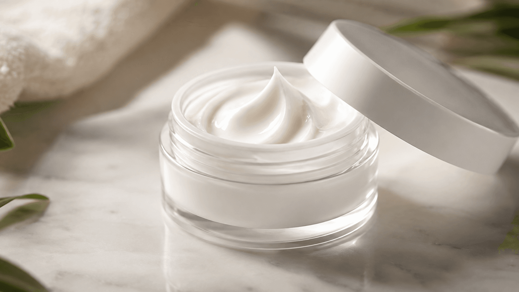 Macro photography of a thick, luxurious white skincare cream dolloped onto a smooth, light-colored stone.