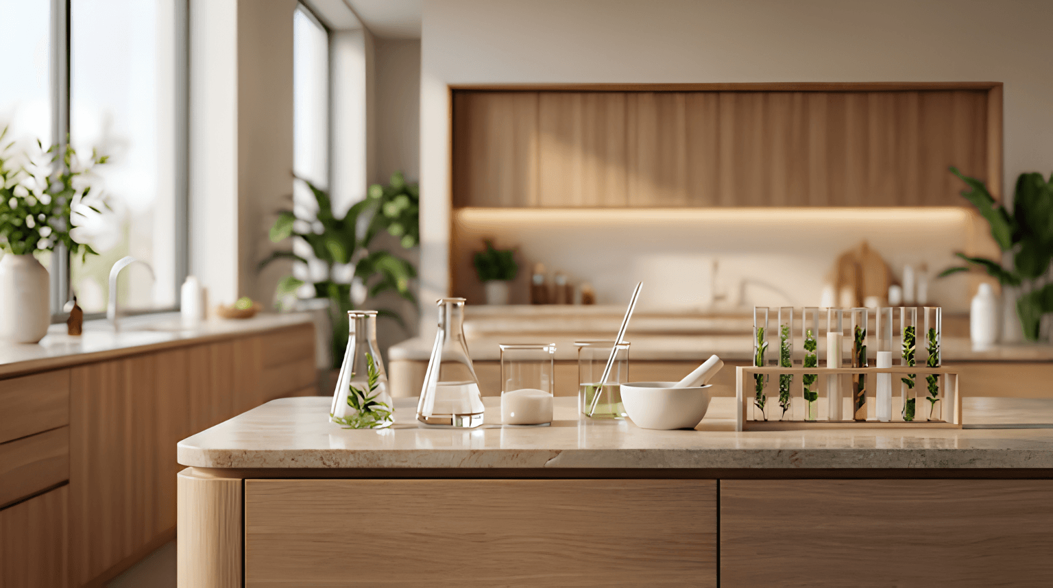 Professional laboratory setting for a premium skincare brand with minimalist glass beakers and test tubes.